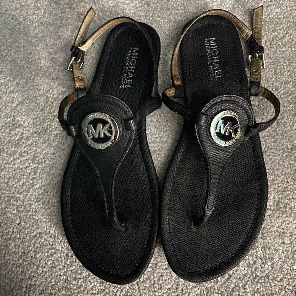 Black leather/ silver detail Michael Kors sandals.